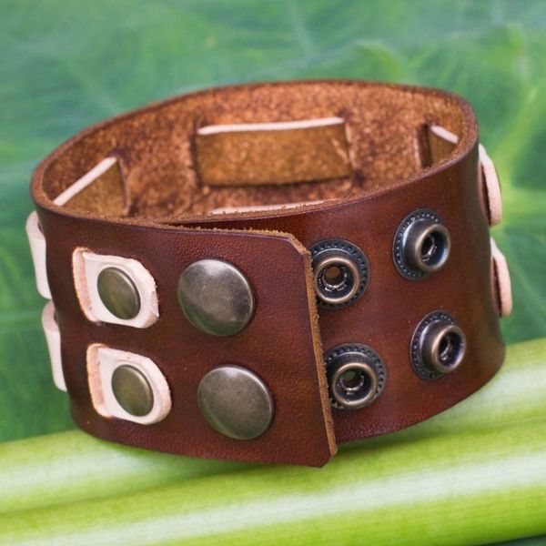 Alternate image for Mens Brown and Cream Leather Wristband Bracelet Rugged Weave