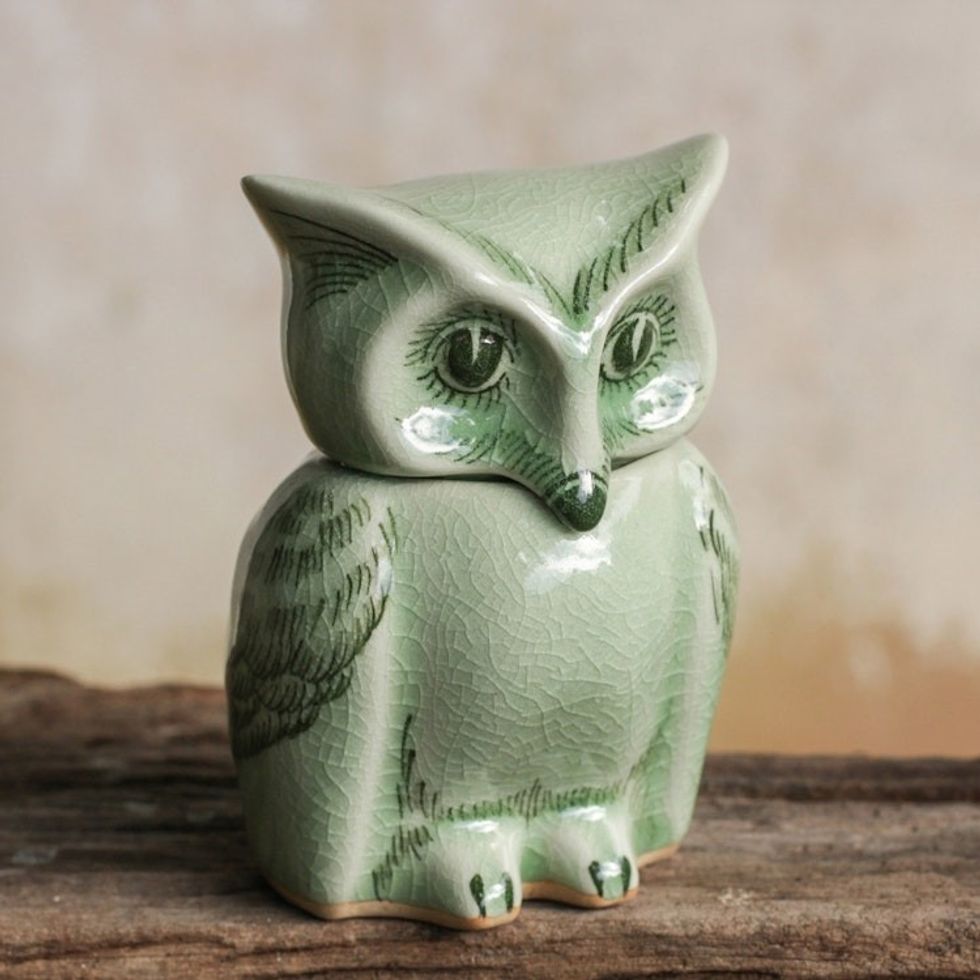 Fair Trade Green Celadon Ceramic Owl Jar with Lid 'Happy Green Owl'
