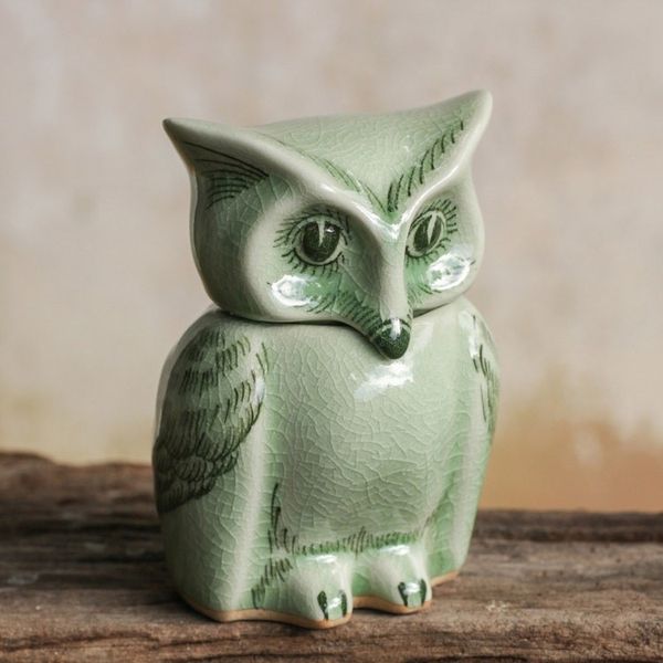 Alternate image for Fair Trade Green Celadon Ceramic Owl Jar with Lid Happy Green Owl
