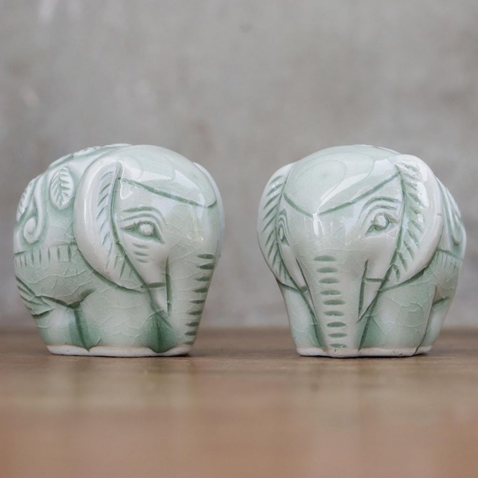 Pair of Handmade Thai Celadon Ceramic Elephant Figurines 'Elephant Paramours'