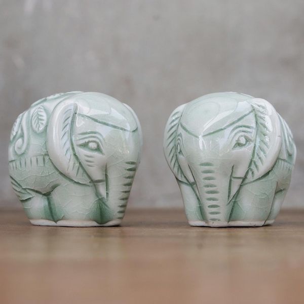 Alternate image for Pair of Handmade Thai Celadon Ceramic Elephant Figurines Elephant Paramours