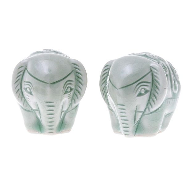 Alternate image for Pair of Handmade Thai Celadon Ceramic Elephant Figurines Elephant Paramours
