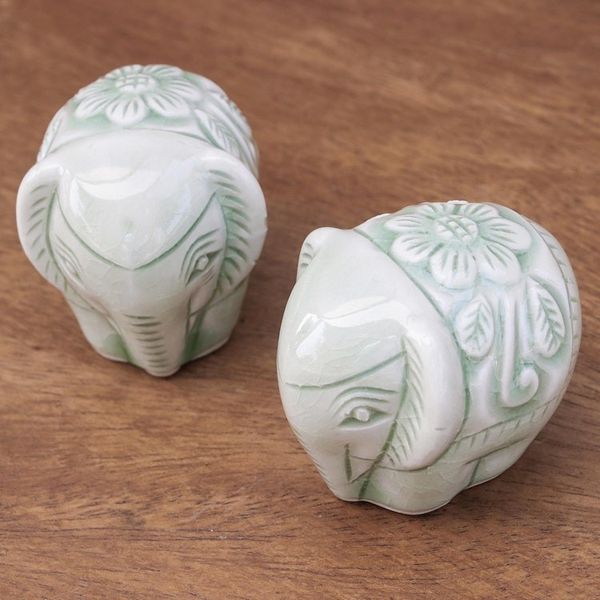 Alternate image for Pair of Handmade Thai Celadon Ceramic Elephant Figurines Elephant Paramours