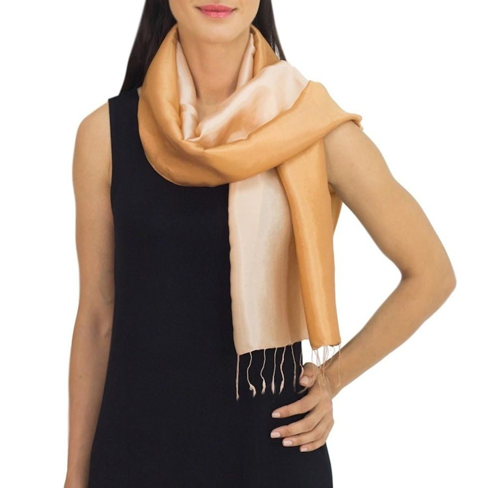 Silky Rayon Blend Scarf for Women Crafted in Thailand 'Caramel Shimmer'