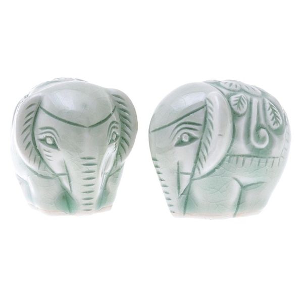 Alternate image for Pair of Handmade Thai Celadon Ceramic Elephant Figurines Elephant Paramours