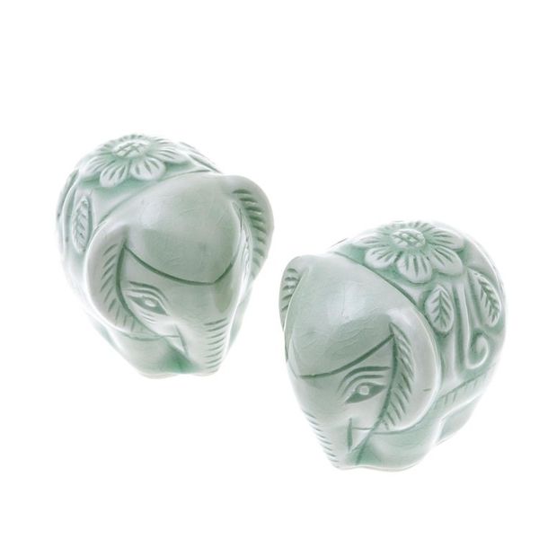 Alternate image for Pair of Handmade Thai Celadon Ceramic Elephant Figurines Elephant Paramours