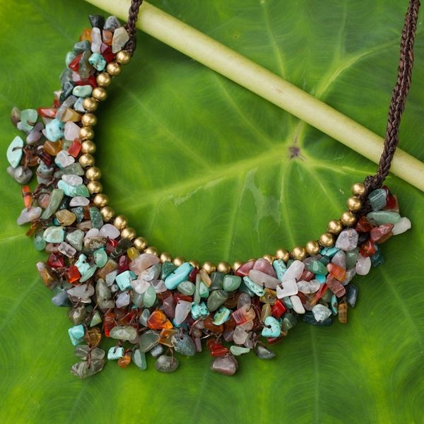 Alternate image for Multicolor Gemstone Chip Necklace with Brass Accents Festive Party