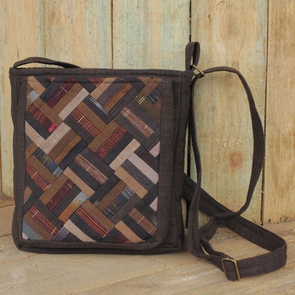 Thai Applique Shoulder Bag in Brown Cotton and 3 Pockets 'Brown Siam'