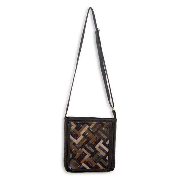 Alternate image for Thai Applique Shoulder Bag in Brown Cotton and 3 Pockets Brown Siam
