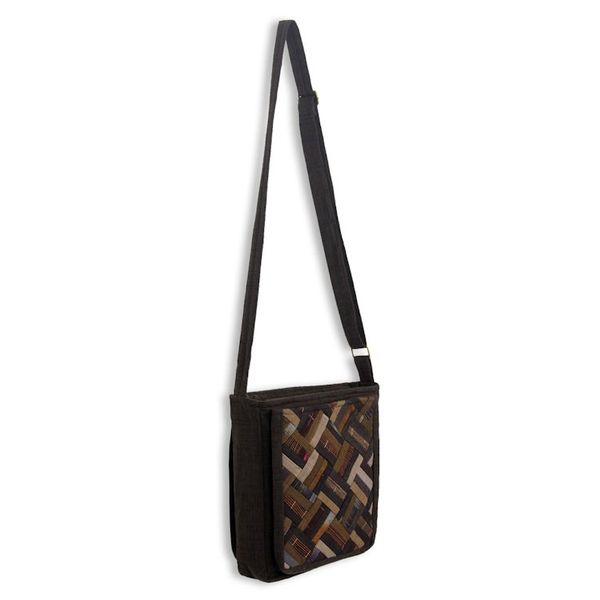 Alternate image for Thai Applique Shoulder Bag in Brown Cotton and 3 Pockets Brown Siam