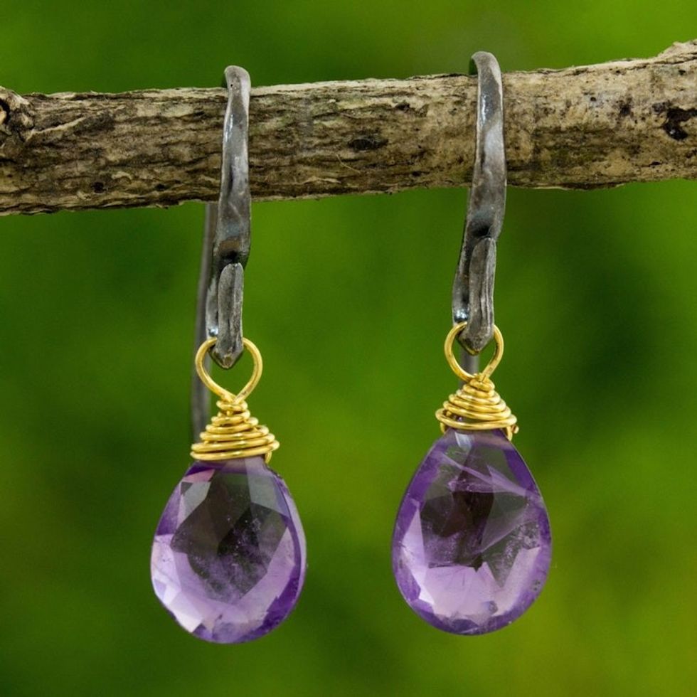 Handmade Gold Accented Amethyst Dangle Earrings 'Morning Bright'