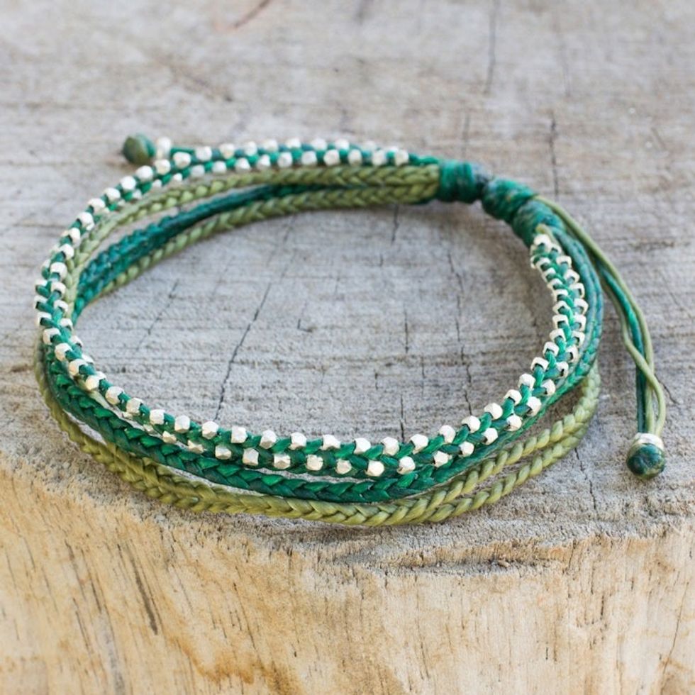 Hand Crafted Cord Wristband Bracelet with Silver Beads 'Fresh Green'