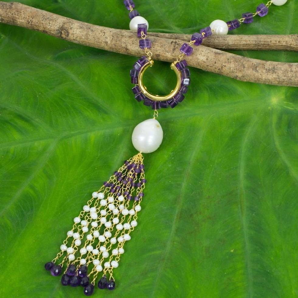 Pearl and Amethyst on 24k Gold Plated Silver Long Necklace 'Romantic Orchid'