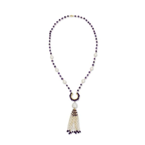 Alternate image for Pearl and Amethyst on 24k Gold Plated Silver Long Necklace Romantic Orchid