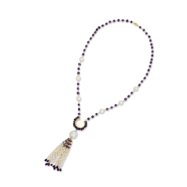 Alternate image for Pearl and Amethyst on 24k Gold Plated Silver Long Necklace Romantic Orchid