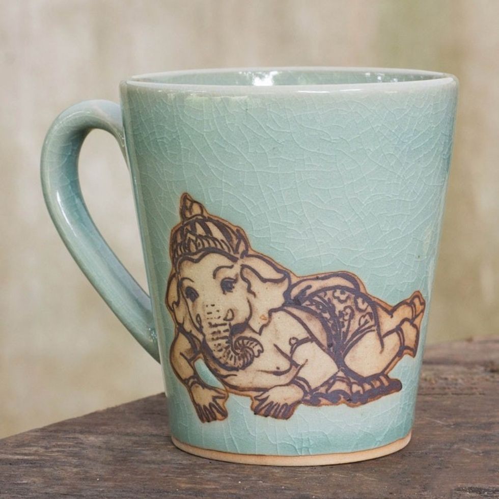 Light Blue Celadon Ceramic Resting Ganesha Mug from Thailand 'Resting Ganesha'