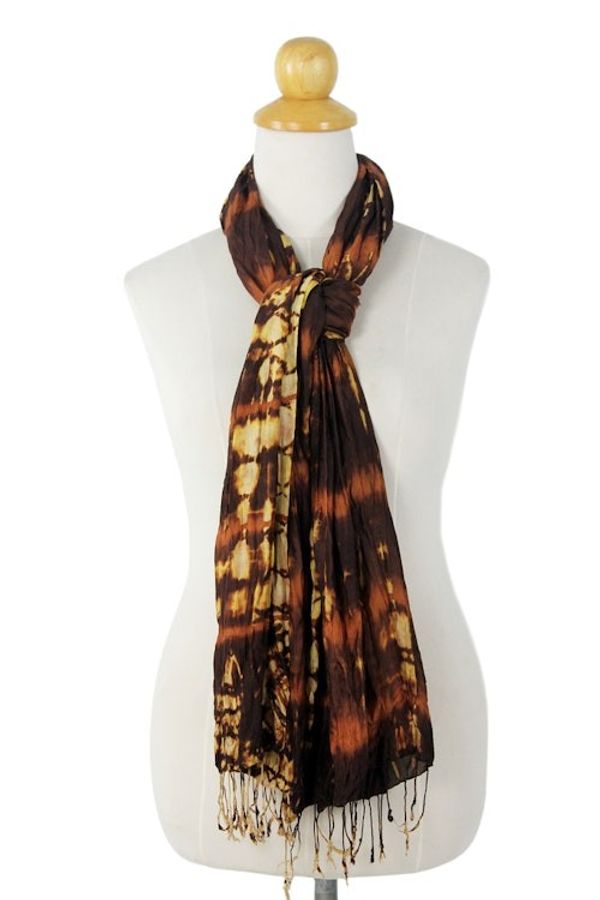 Alternate image for Brown Crinkled 100 Silk Scarf with Yellow Tie Dye Patterns Desert Mystique