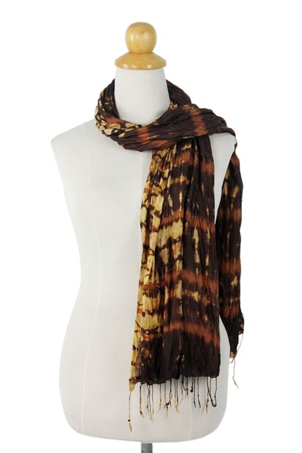 Alternate image for Brown Crinkled 100 Silk Scarf with Yellow Tie Dye Patterns Desert Mystique