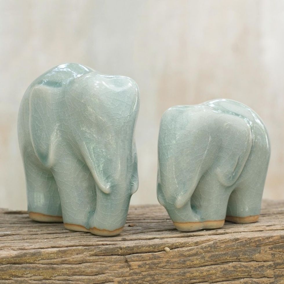 Light Blue Celadon Ceramic Figurines of Elephants Pair 'Elephant Bond in Light Blue'