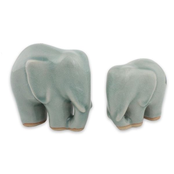 Alternate image for Light Blue Celadon Ceramic Figurines of Elephants Pair Elephant Bond in Light Blue