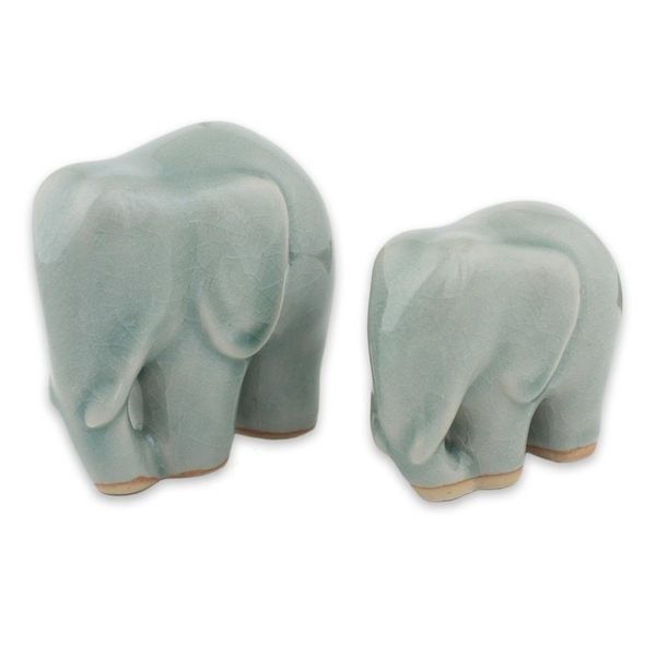 Alternate image for Light Blue Celadon Ceramic Figurines of Elephants Pair Elephant Bond in Light Blue