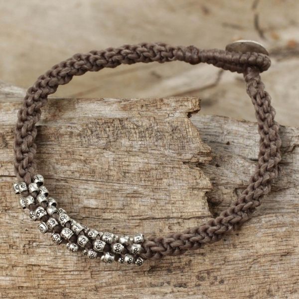 Alternate image for Braided Gray Cord Bracelet with Silver 950 Floral Beads Tribal Flowers in Taupe