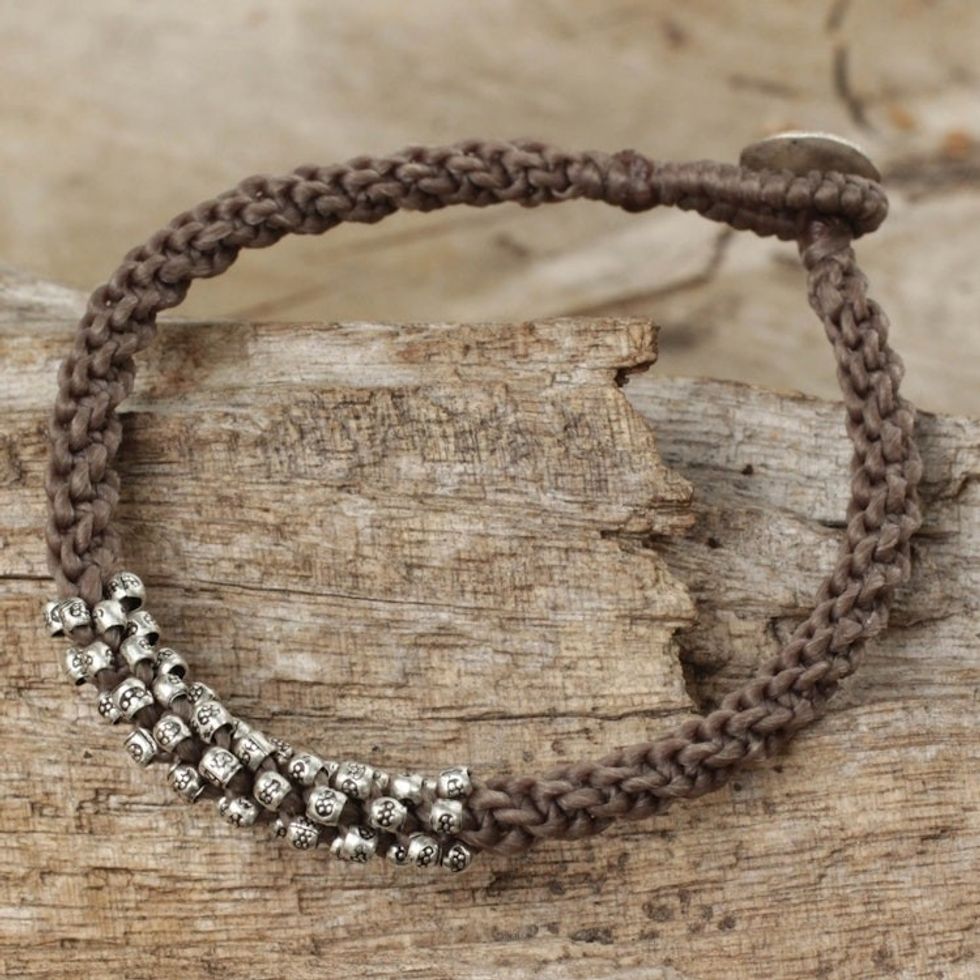 Braided Gray Cord Bracelet with Silver 950 Floral Beads 'Tribal Flowers in Taupe'