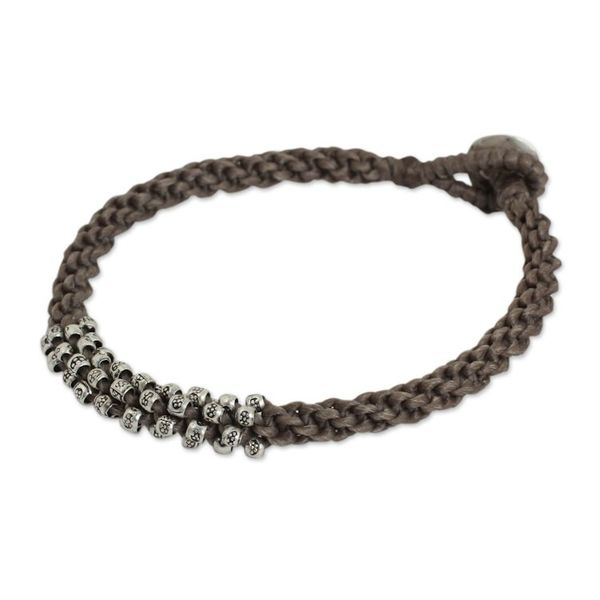 Alternate image for Braided Gray Cord Bracelet with Silver 950 Floral Beads Tribal Flowers in Taupe