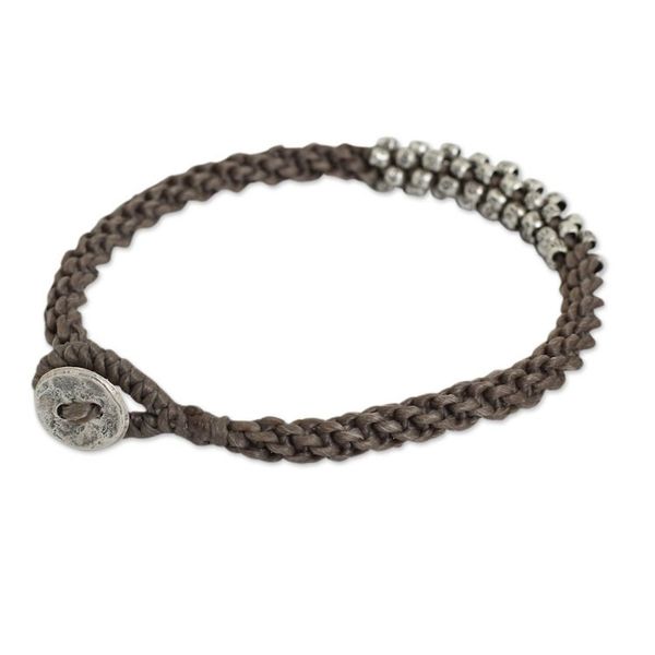 Alternate image for Braided Gray Cord Bracelet with Silver 950 Floral Beads Tribal Flowers in Taupe
