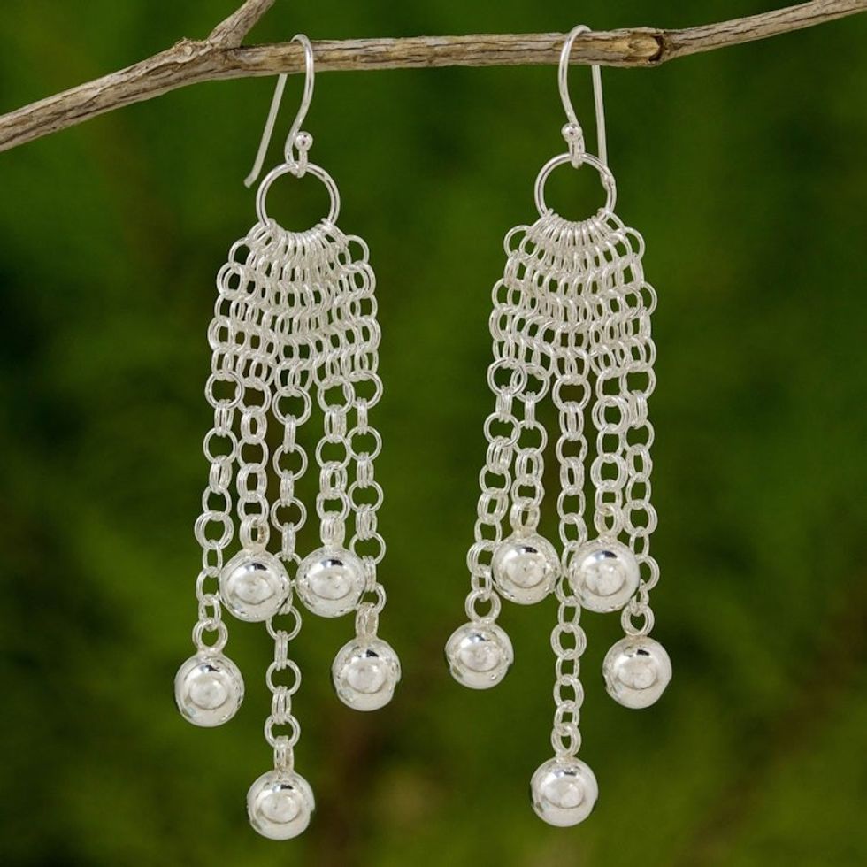 Fair Trade 925 Sterling Silver Earrings Handcrafted in Thai 'Chain Mail Dewdrops'