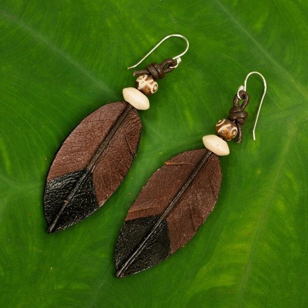 Alternate image for Fair Trade Handmade Leather Earrings from Thailand Leaf Feather
