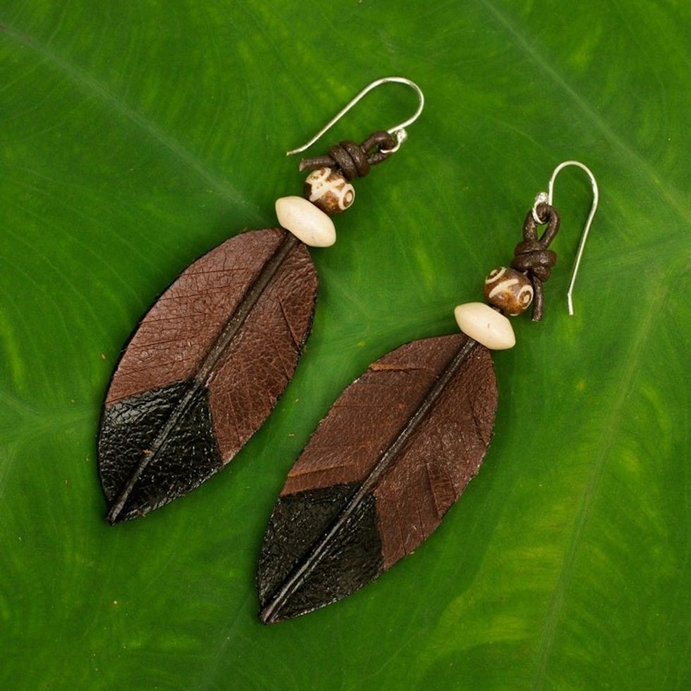Fair Trade Handmade Leather Earrings from Thailand 'Leaf Feather'