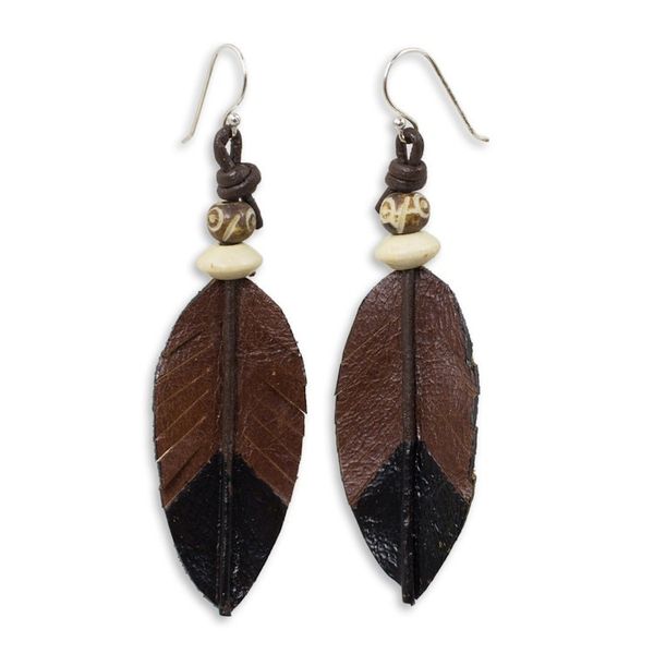 Alternate image for Fair Trade Handmade Leather Earrings from Thailand Leaf Feather