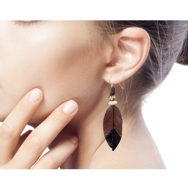 Alternate image for Fair Trade Handmade Leather Earrings from Thailand Leaf Feather