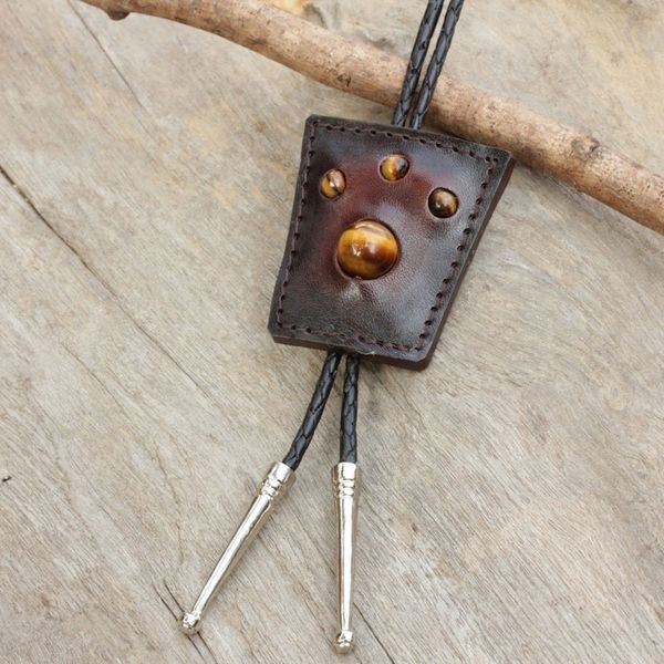 Alternate image for Handcrafted Brown Leather Bolo Tie with Tigers Eye Earth Medallion