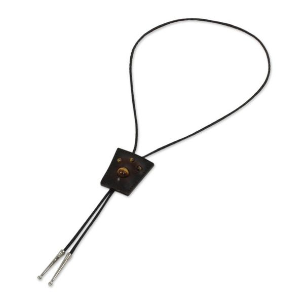 Alternate image for Handcrafted Brown Leather Bolo Tie with Tigers Eye Earth Medallion