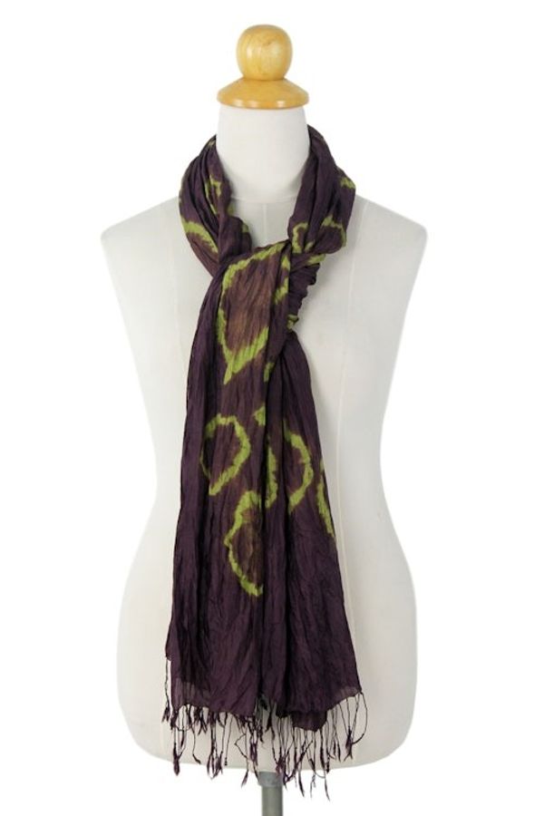Alternate image for Green Purple Tie-dye Silk Scarf Crafted by Hand in Thailand Aubergine Dance