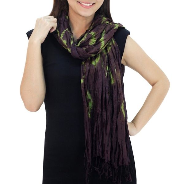 Alternate image for Green Purple Tie-dye Silk Scarf Crafted by Hand in Thailand Aubergine Dance