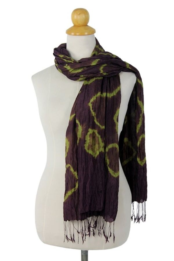 Alternate image for Green Purple Tie-dye Silk Scarf Crafted by Hand in Thailand Aubergine Dance
