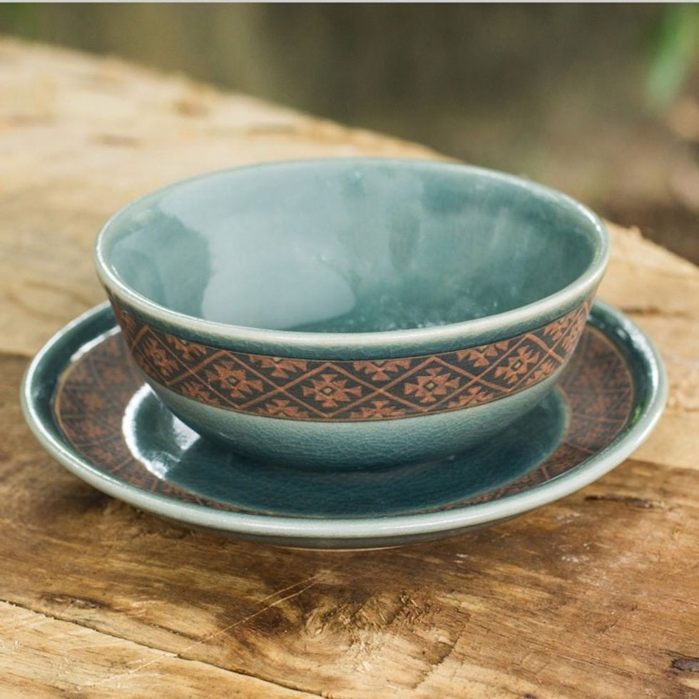 Ceramic Bowl and Plate Set with Blue Glaze from Thailand 'Thai Weave Inspiration'