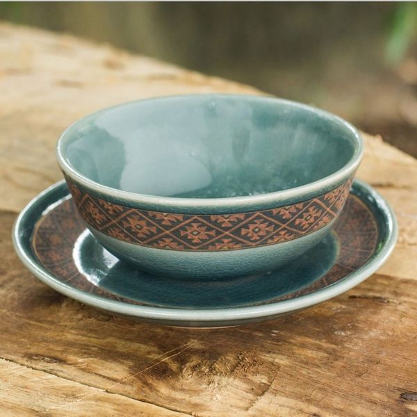 Alternate image for Ceramic Bowl and Plate Set with Blue Glaze from Thailand Thai Weave Inspiration