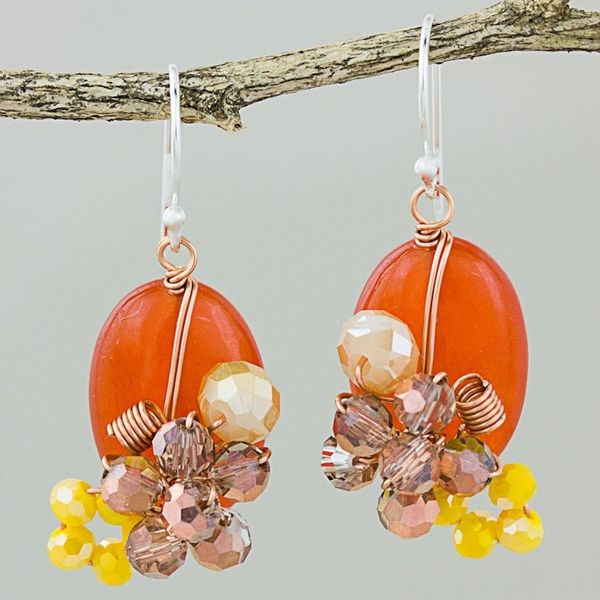 Alternate image for Orange Quartz and Glass Bead Dangle Earrings with Copper Garden Bliss in Deep Orange