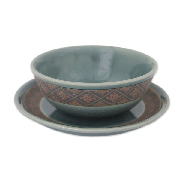 Alternate image for Ceramic Bowl and Plate Set with Blue Glaze from Thailand Thai Weave Inspiration