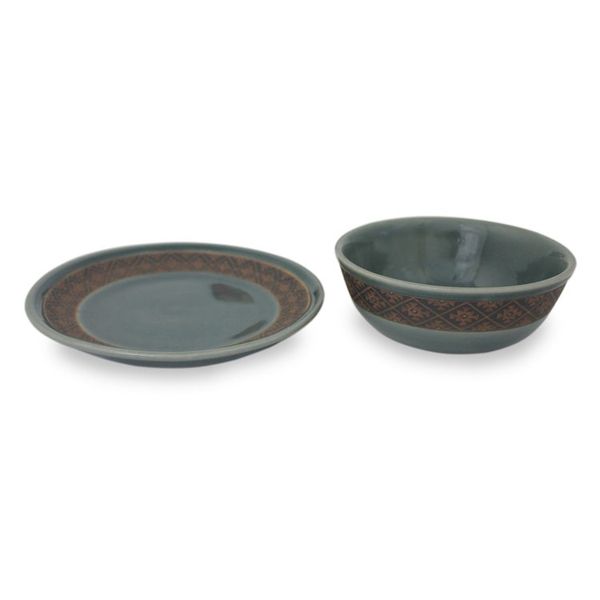 Alternate image for Ceramic Bowl and Plate Set with Blue Glaze from Thailand Thai Weave Inspiration
