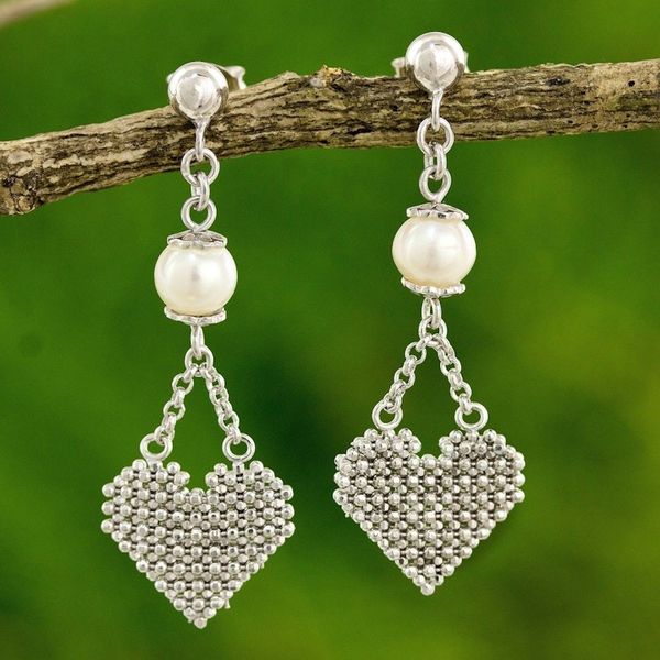 Alternate image for Sterling Silver Heart Earrings with Pearls Thai Jewelry Pure Heart