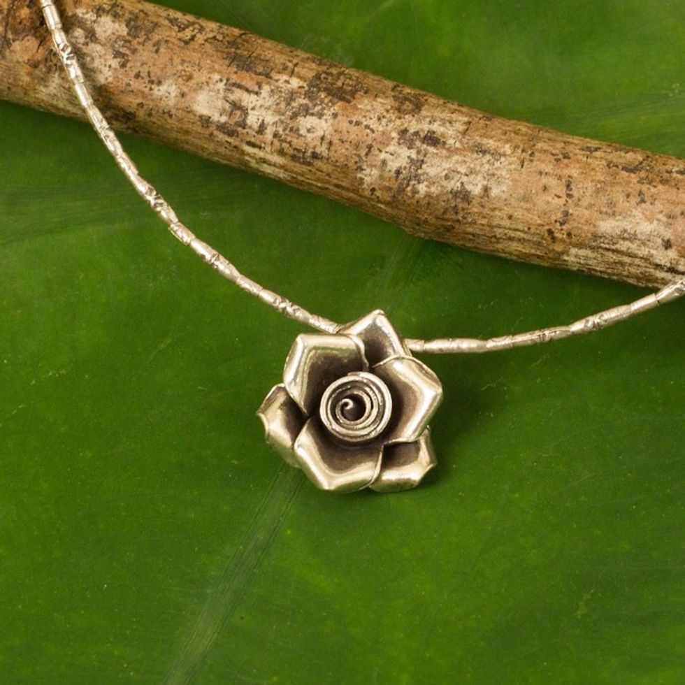 Hand Crafted Silver Necklace with Rose Pendant from Thailand 'Luminous Rose'