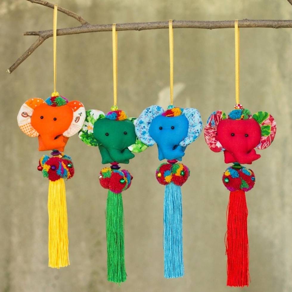 4 Artisan Crafted Multicolor Thai Cotton Elephant Ornaments 'Happy Thai Elephants'