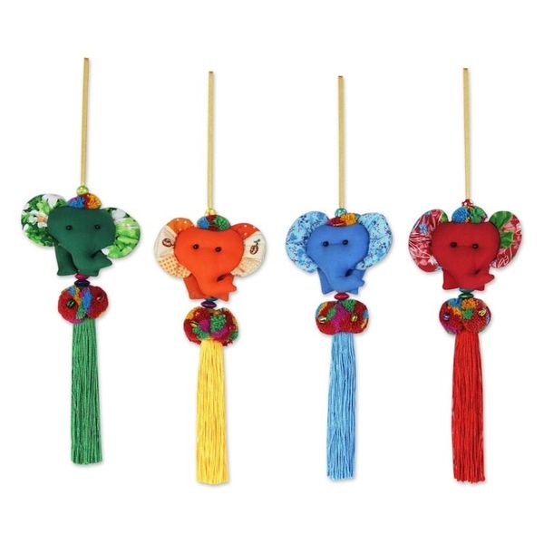 Alternate image for 4 Artisan Crafted Multicolor Thai Cotton Elephant Ornaments Happy Thai Elephants