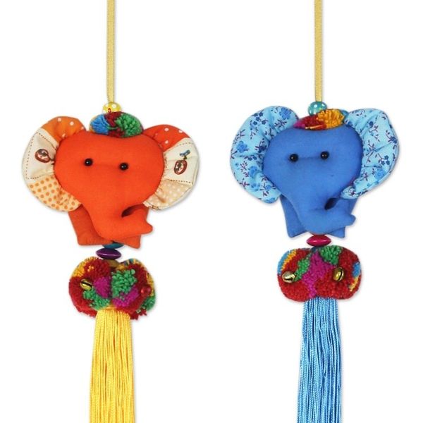 Alternate image for 4 Artisan Crafted Multicolor Thai Cotton Elephant Ornaments Happy Thai Elephants