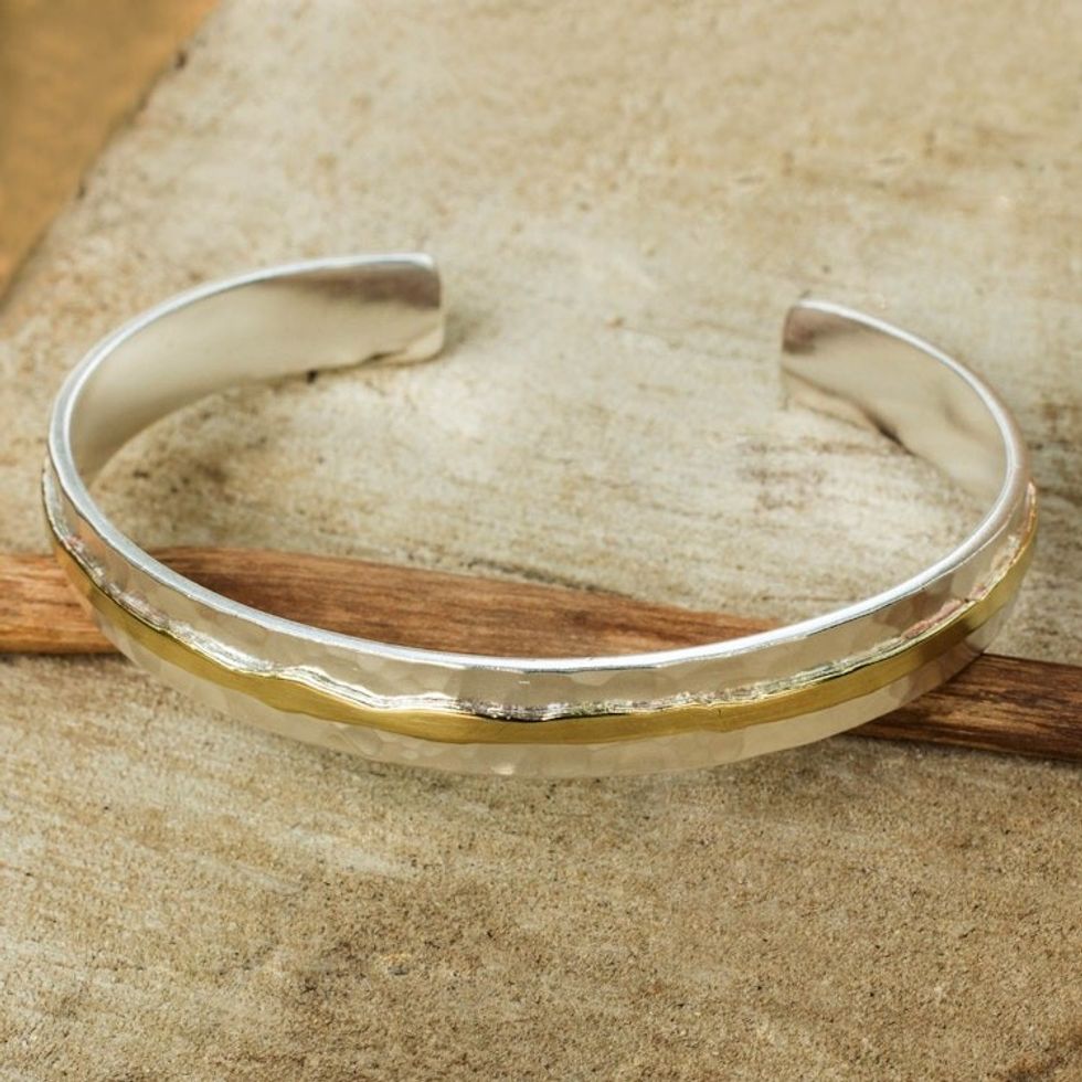 Gold Accent Sterling Silver Hammered Cuff Bracelet 'Ripple Effect I'